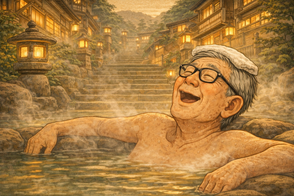 伊香保温泉で湯に浸かりながら国際経済を考える定年男性のイメージ