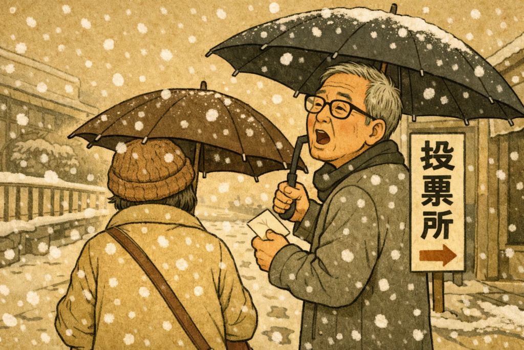 雪の中　投票所にむかう