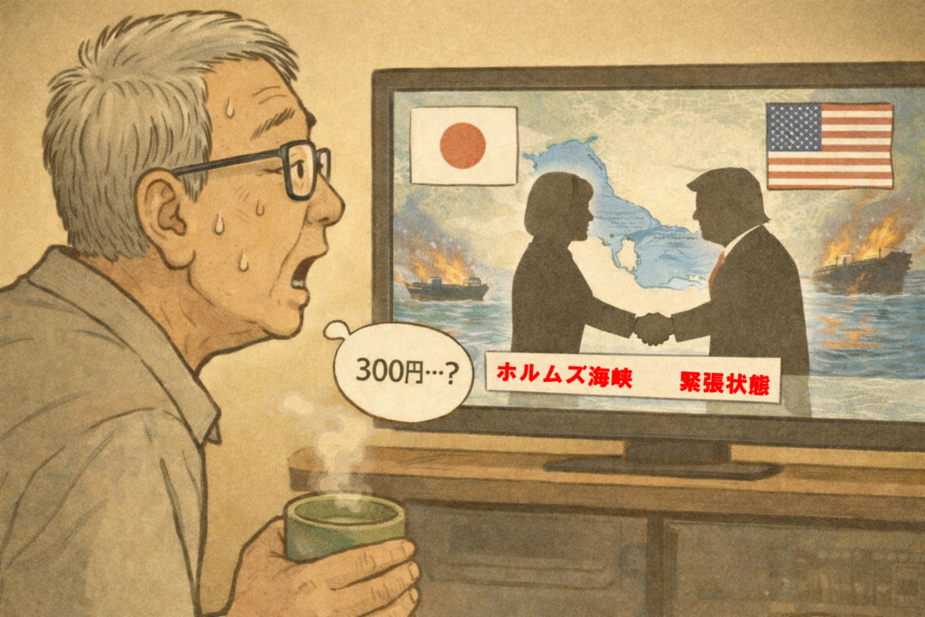 ホルムズ海峡危機と日米首脳会談をテレビで不安そうに見る老人