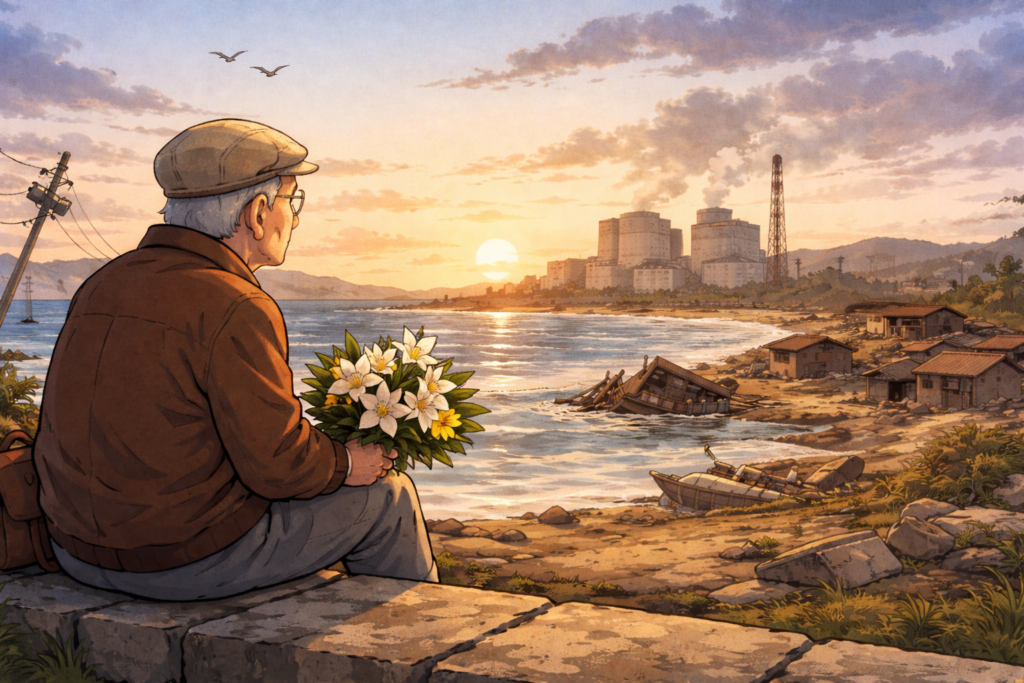 東日本大震災から15年、海を見ながら震災を思い返す男性のイメージ