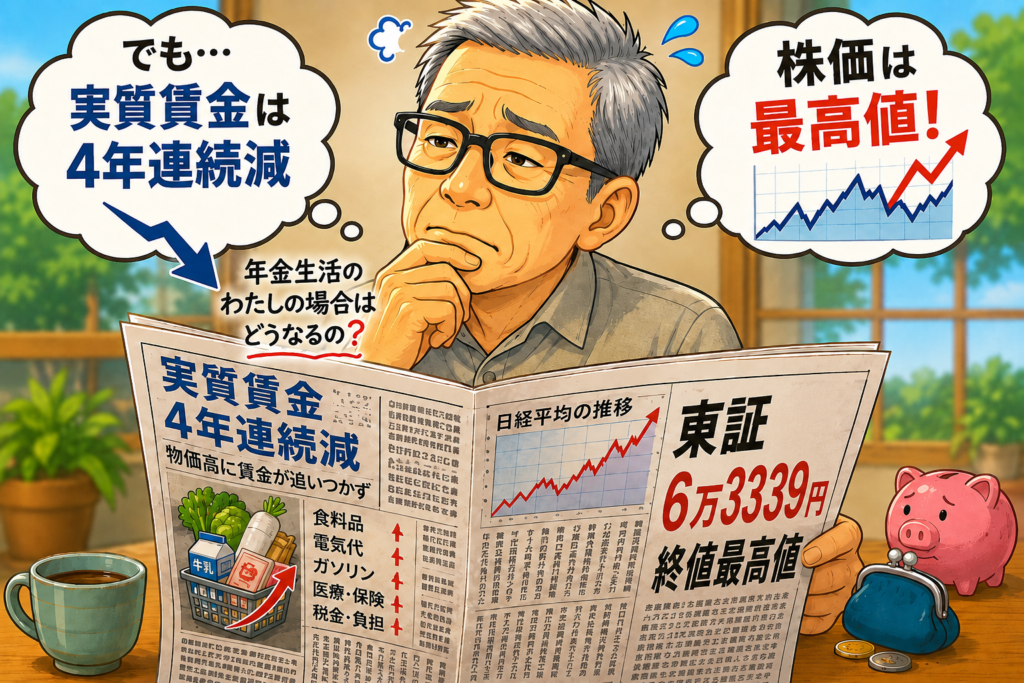 東証最高値更新と実質賃金連続減