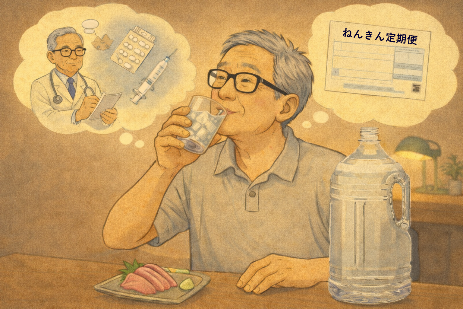 年金生活の男性が晩酌をしながら社会保険のありがたさを実感しているイメージ