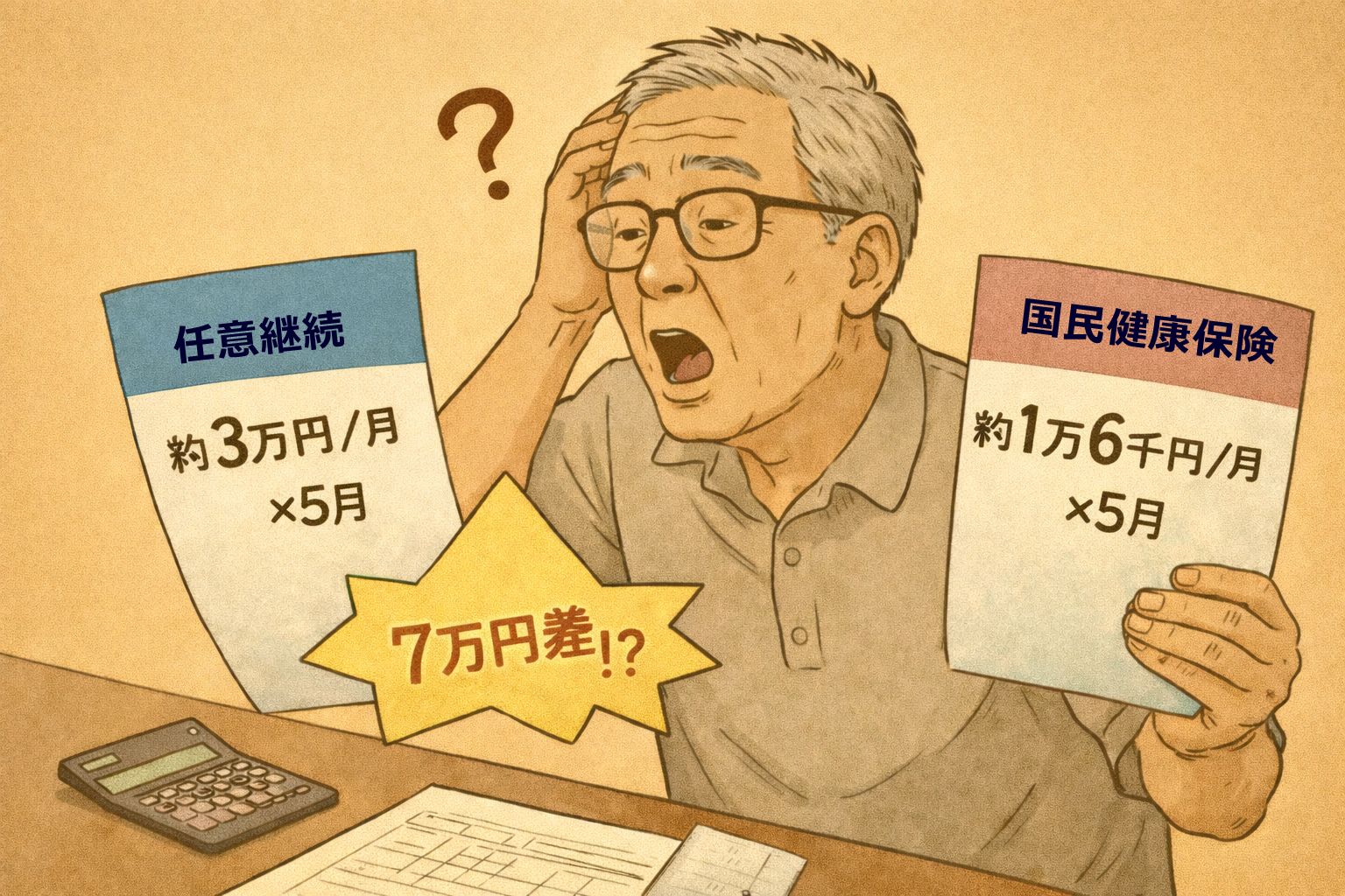 定年後の健康保険で任意継続と国民健康保険の保険料差に驚く年金生活の男性