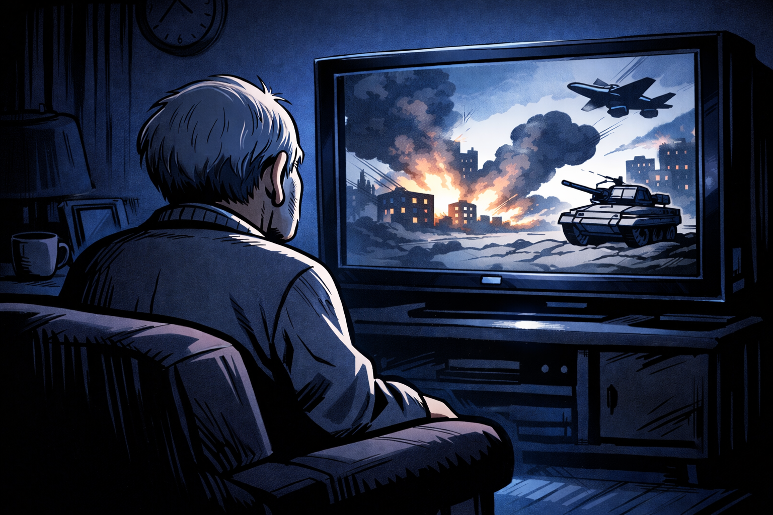 暗い部屋で戦争の状況を伝えるテレビを見る