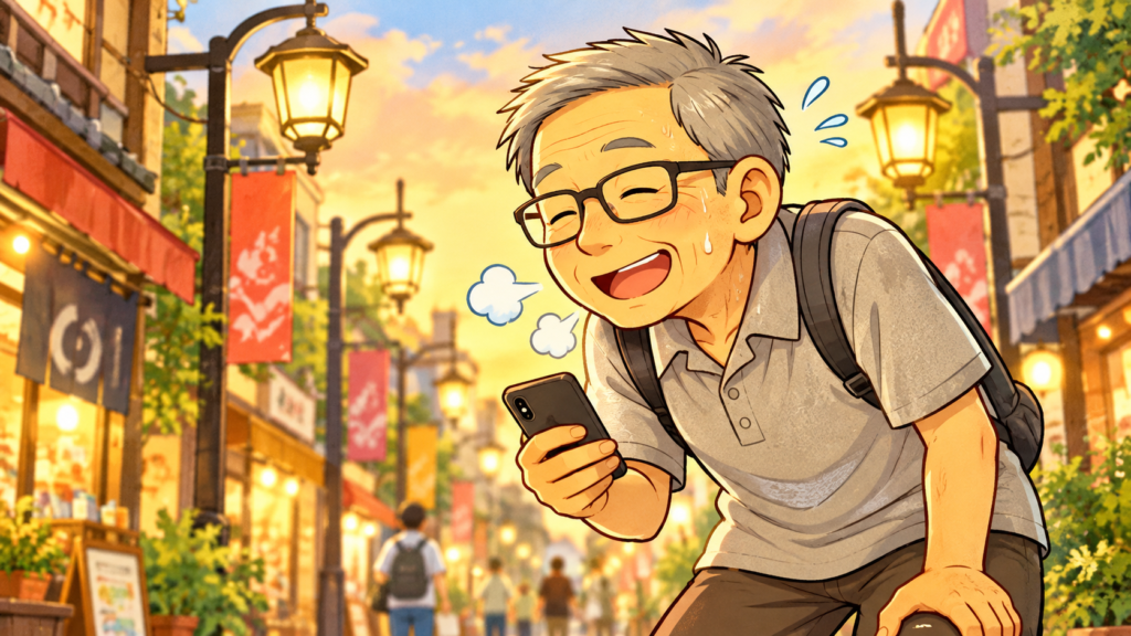 夕暮れ商店街でひと休みするピクトレマニア老人